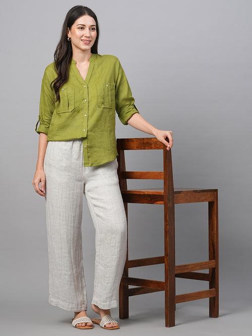 Women's Green Linen Regular Fit Blouse