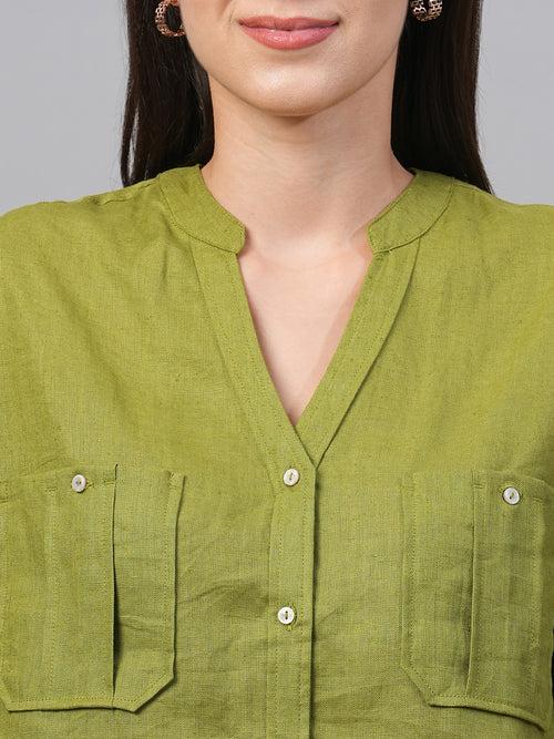 Women's Green Linen Regular Fit Blouse