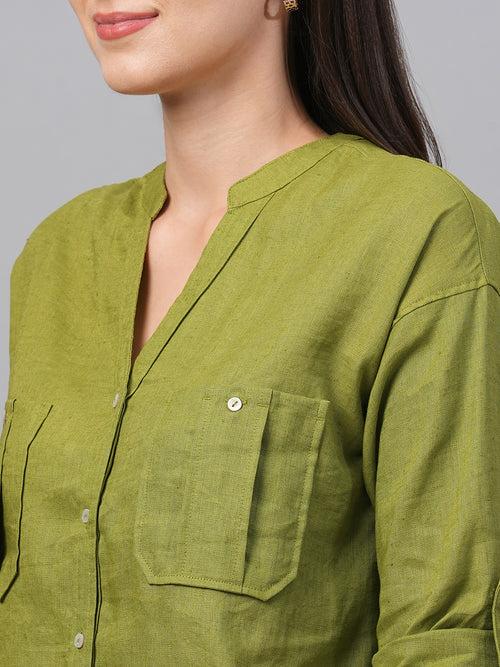 Women's Green Linen Regular Fit Blouse