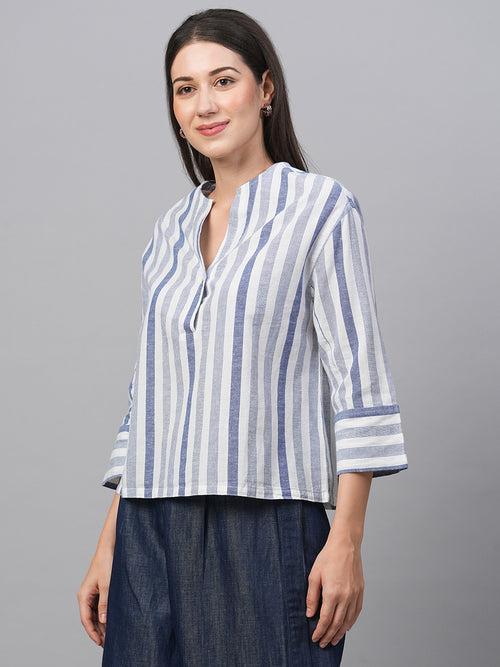 Women's Blue Cotton Linen Regular Fit Blouse