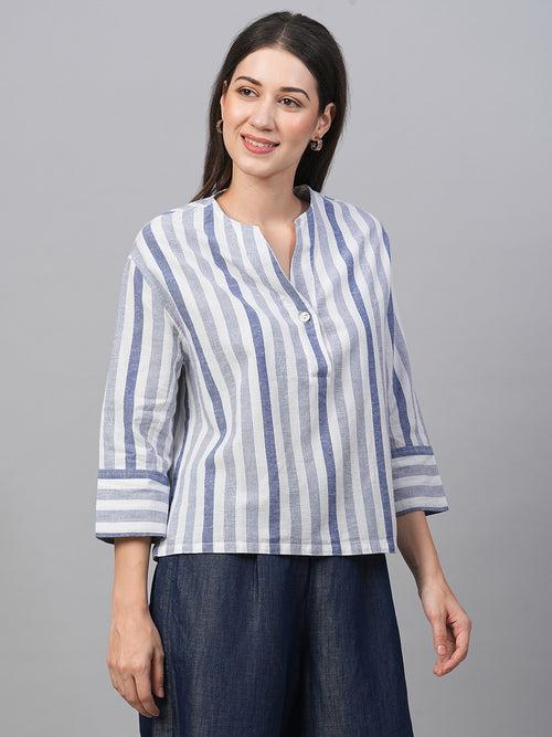 Women's Blue Cotton Linen Regular Fit Blouse