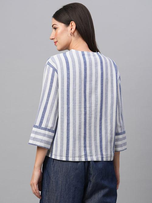 Women's Blue Cotton Linen Regular Fit Blouse