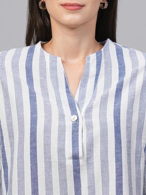 Women's Blue Cotton Linen Regular Fit Blouse