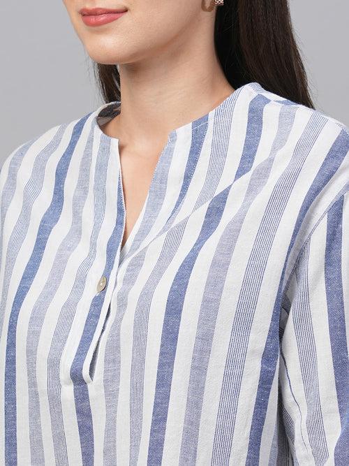 Women's Blue Cotton Linen Regular Fit Blouse