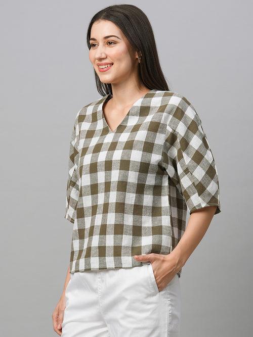 Women's Olive Cotton Linen Regular Fit Blouse
