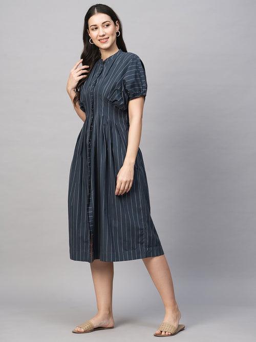 Women's Navy Cotton Regular Fit Dress