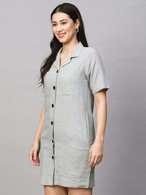 Women's Grey Cotton Linen Regular Fit Dress