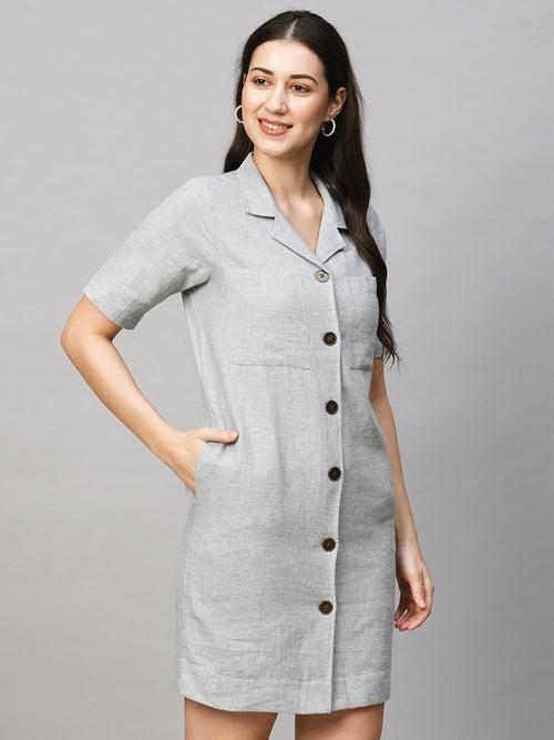 Women's Grey Cotton Linen Regular Fit Dress