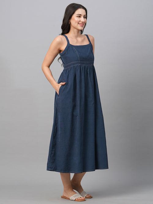 Women's Navy Cotton Regular Fit Dress