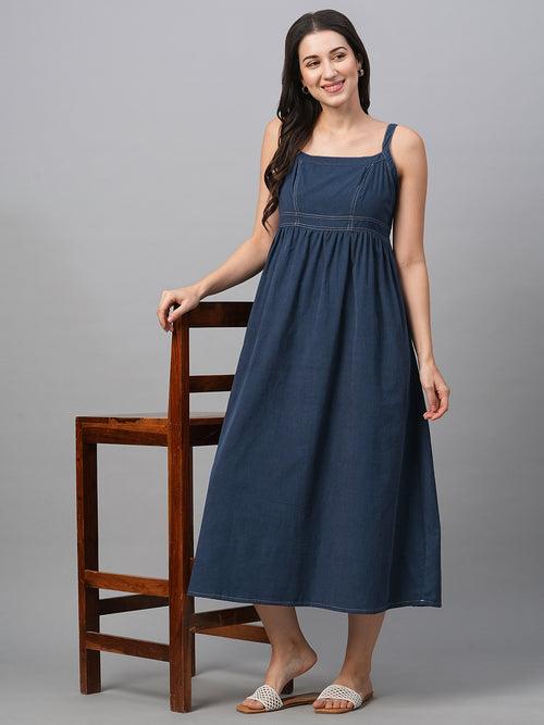 Women's Navy Cotton Regular Fit Dress