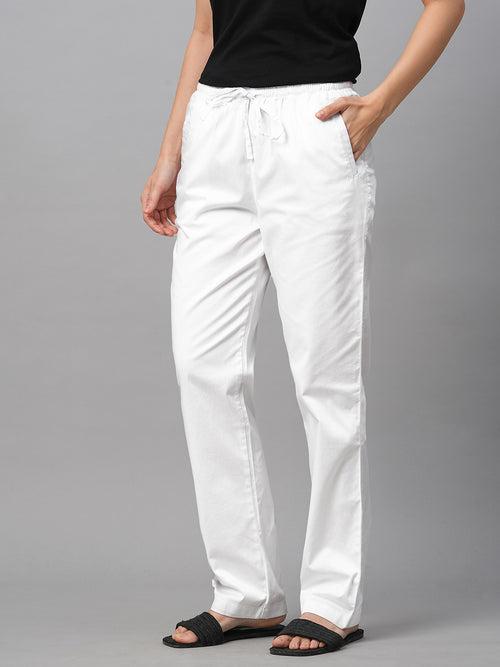 Women's White Cotton Lycra Regular Fit Pant