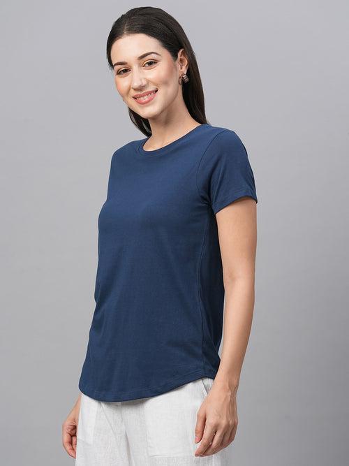 Women's Blue Cotton Regular Fit Tshirt