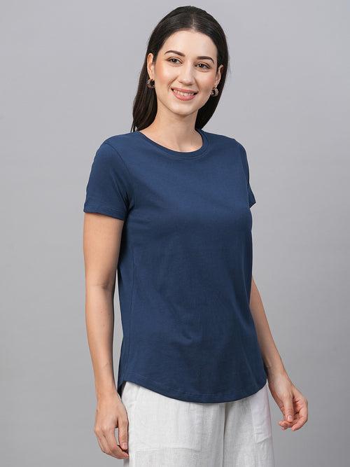 Women's Blue Cotton Regular Fit Tshirt