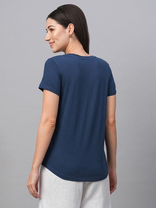 Women's Blue Cotton Regular Fit Tshirt