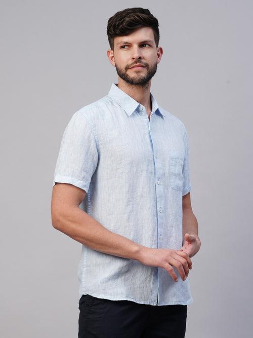 Men's 100% Linen Sky Blue Regular Fit Short Sleeved Shirt