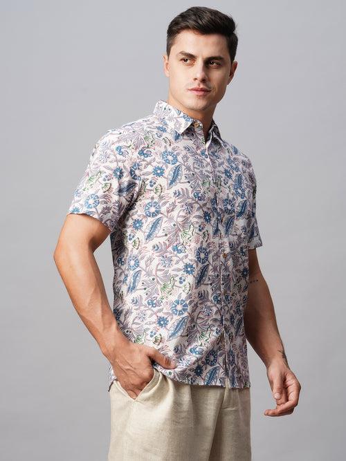 Men's Blue Cotton Regular Fit Printed Shirt