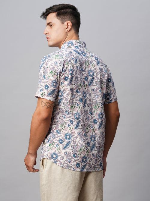 Men's Blue Cotton Regular Fit Printed Shirt