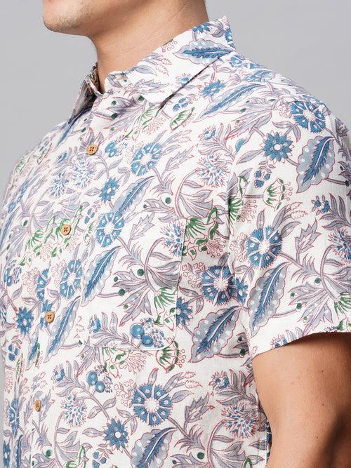 Men's Blue Cotton Regular Fit Printed Shirt