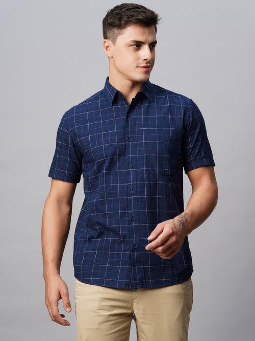 Men's Navy Cotton Regular Fit Checked Shirt