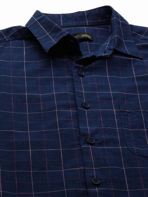 Men's Navy Cotton Regular Fit Checked Shirt