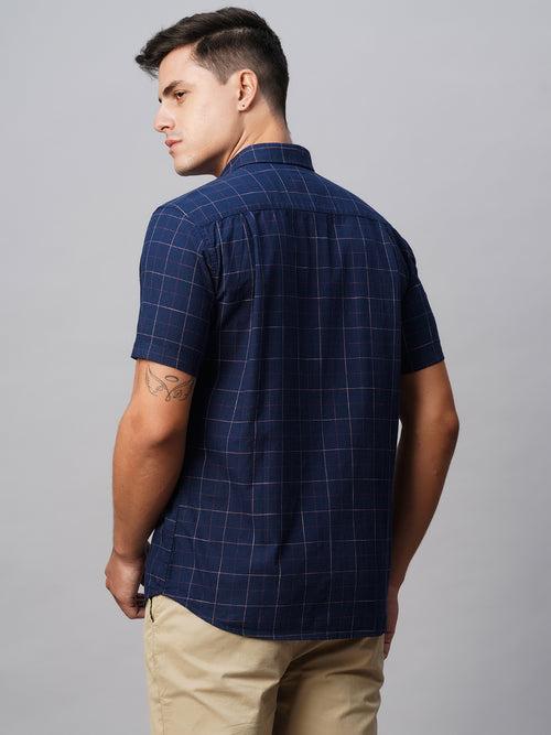 Men's Navy Cotton Regular Fit Checked Shirt