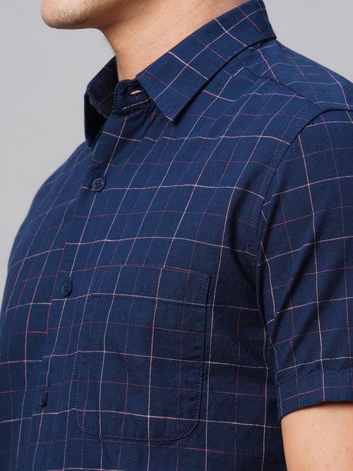 Men's Navy Cotton Regular Fit Checked Shirt