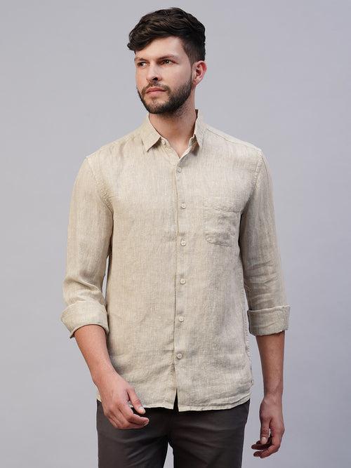 Men's 100% Linen Natural Regular Fit Long Sleeved Shirt