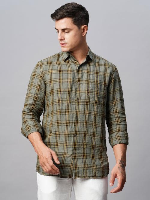 Men's Olive Linen Regular Fit Checked Shirt