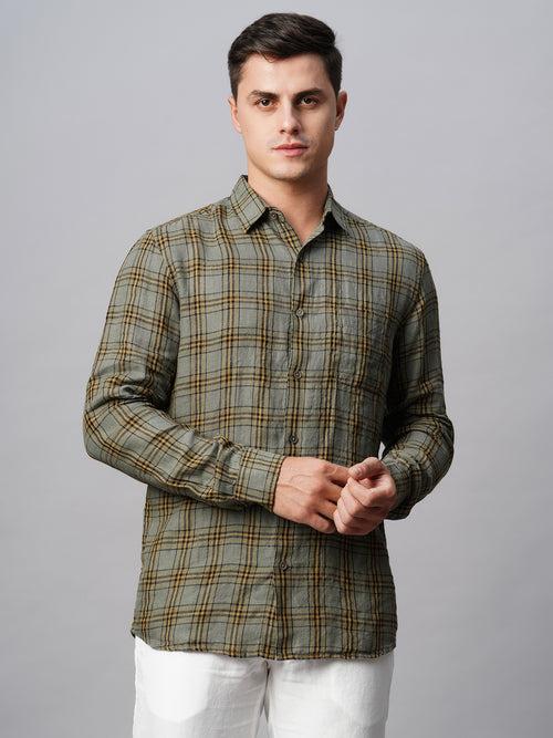 Men's Olive Linen Regular Fit Checked Shirt