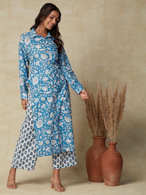 Ethnic Printed Straight Cut Kurta with Pant - Blue