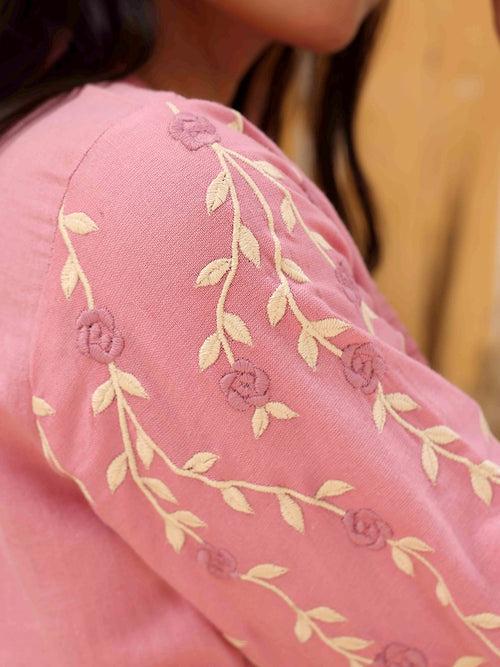 Solid Floral Resham Embroidered Pin-Tucks Kurta with Pants - Pink
