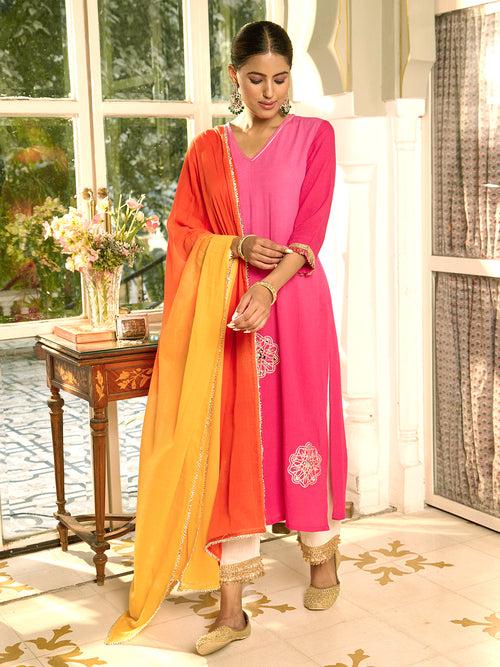 Ombre Dyed & Gota Embroidered Straight Kurta with Pant with Dupatta - Pink