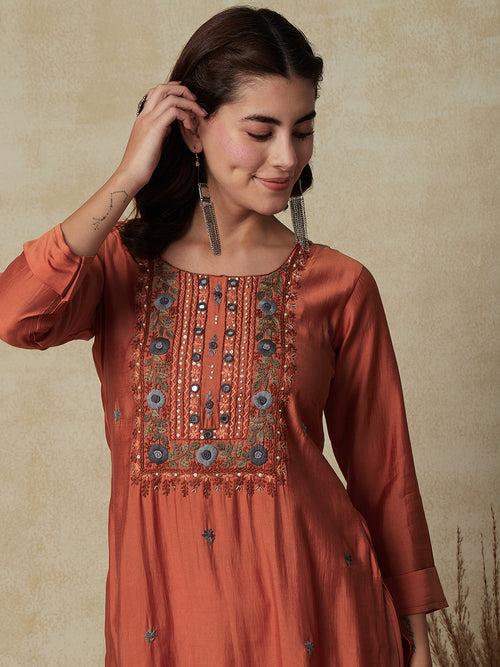 Solid Floral Hand Embroidered Straight Fit Kurta - Rust