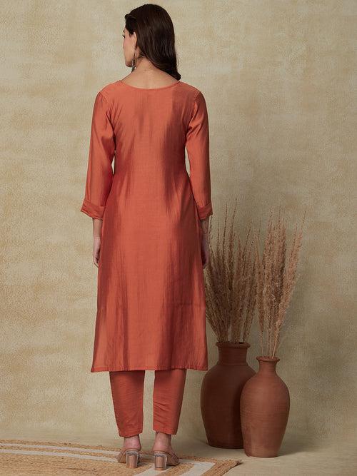 Solid Floral Hand Embroidered Straight Fit Kurta - Rust