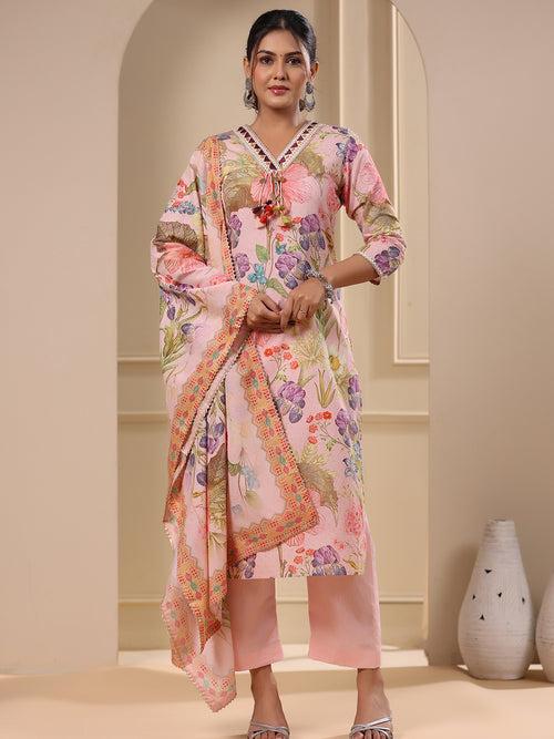 Floral Printed & Embroidered Straight Fit Kurta with Pant & Dupatta - Pink