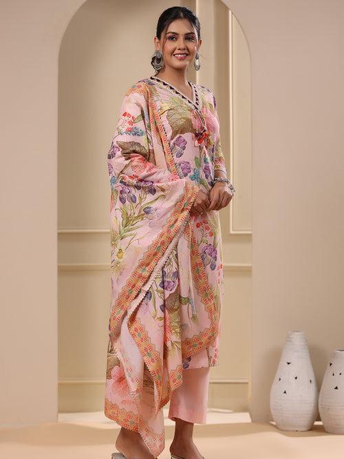 Floral Printed & Embroidered Straight Fit Kurta with Pant & Dupatta - Pink