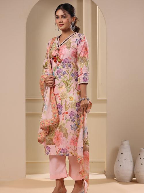 Floral Printed & Embroidered Straight Fit Kurta with Pant & Dupatta - Pink