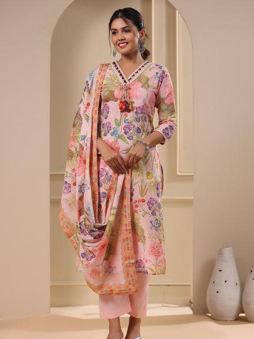 Floral Printed & Embroidered Straight Fit Kurta with Pant & Dupatta - Pink