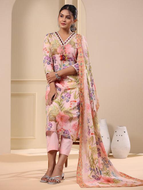 Floral Printed & Embroidered Straight Fit Kurta with Pant & Dupatta - Pink