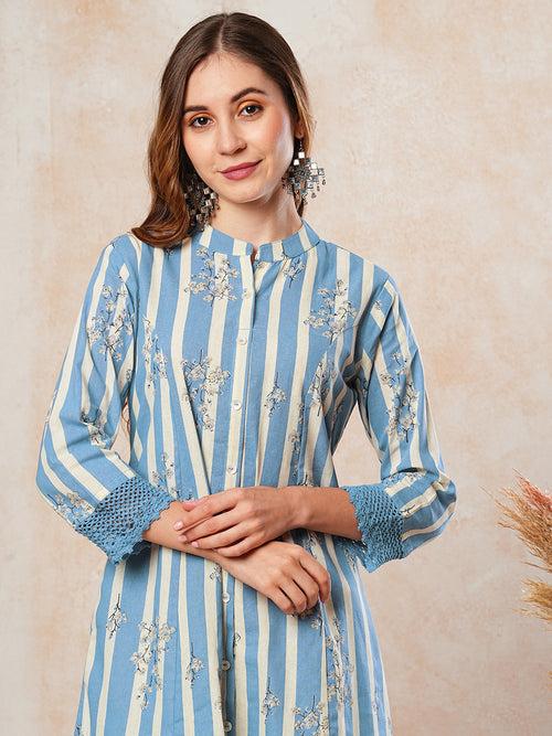 Stripes & Floral Printed Crochet Lace Embellished Kurta - Blue