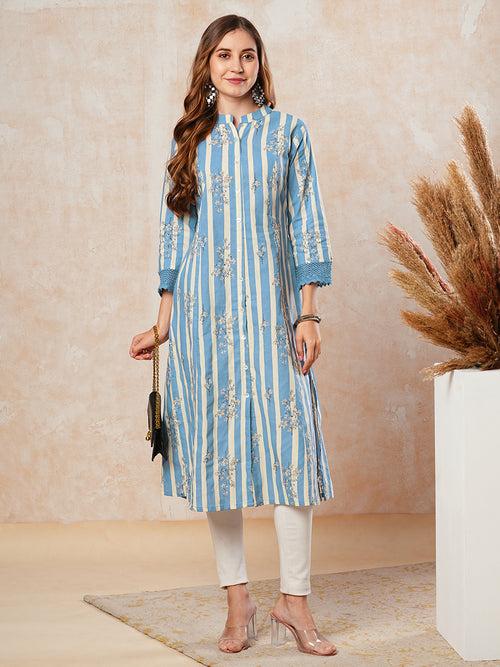 Stripes & Floral Printed Crochet Lace Embellished Kurta - Blue