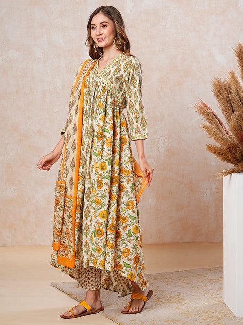 Floral Printed Resham Embroidered Pleated High-Low Kurta with Pants & Dupatta - Off White & Yellow