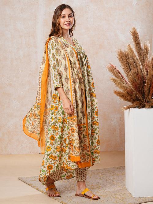 Floral Printed Resham Embroidered Pleated High-Low Kurta with Pants & Dupatta - Off White & Yellow