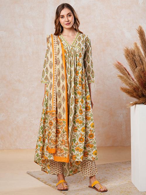 Floral Printed Resham Embroidered Pleated High-Low Kurta with Pants & Dupatta - Off White & Yellow