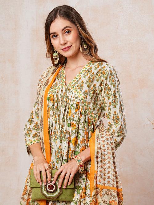 Floral Printed Resham Embroidered Pleated High-Low Kurta with Pants & Dupatta - Off White & Yellow