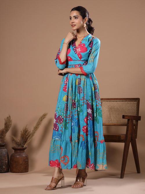 Abstract Floral Printed & Embroidered A-Line Pleated Maxi Dress - Turquoise Blue