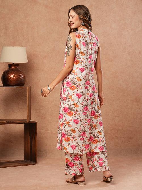 Floral Printed A-line Kurta with Palazzo - White