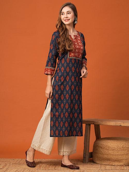 Ethnic Floral Printed & Kantha work Straight Fit Kurta - Navy Blue