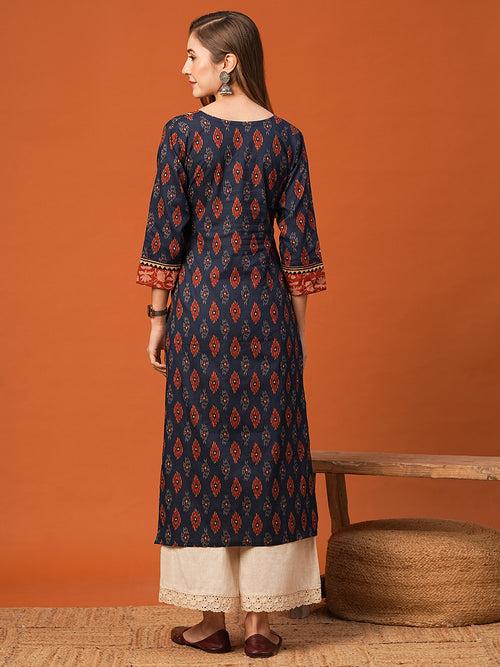 Ethnic Floral Printed & Kantha work Straight Fit Kurta - Navy Blue