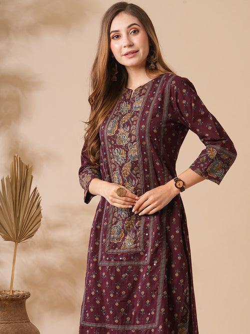 Floral Printed Mirror & zari Embroidered Kurta with Palazzo - Burgundy